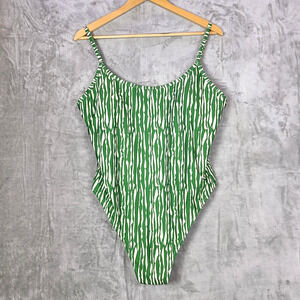 NWT H&M Green White Abstract Stripe One Piece Swimsuit High Leg Size XL
